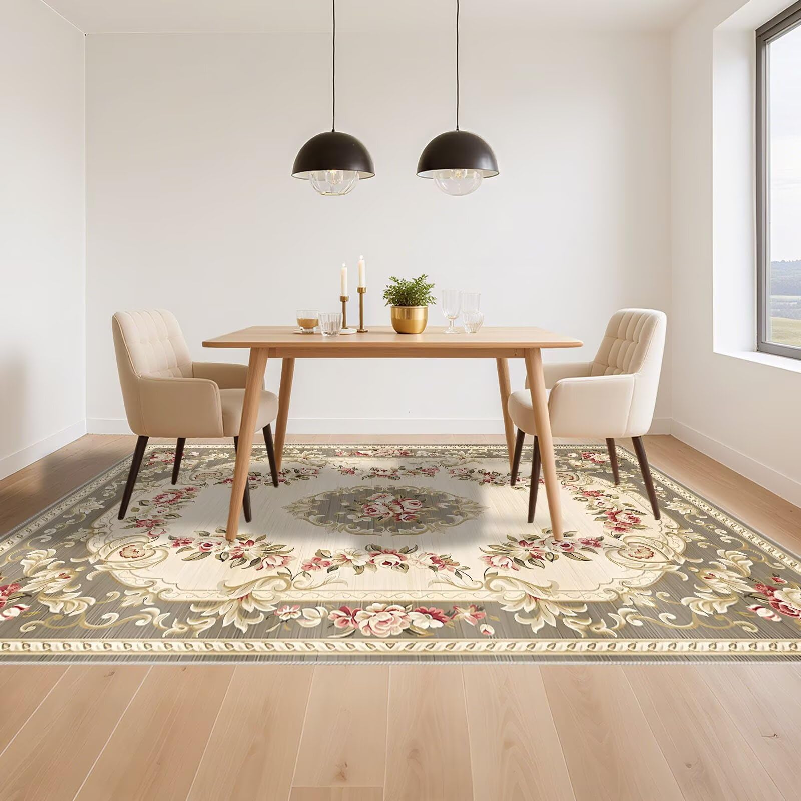 Anti Rutsch Teppich Bettvorleger Beige Grau 180x270cm, Weich Gross Moderne Blumenmuster für das Wohnzimmer am Bettrand