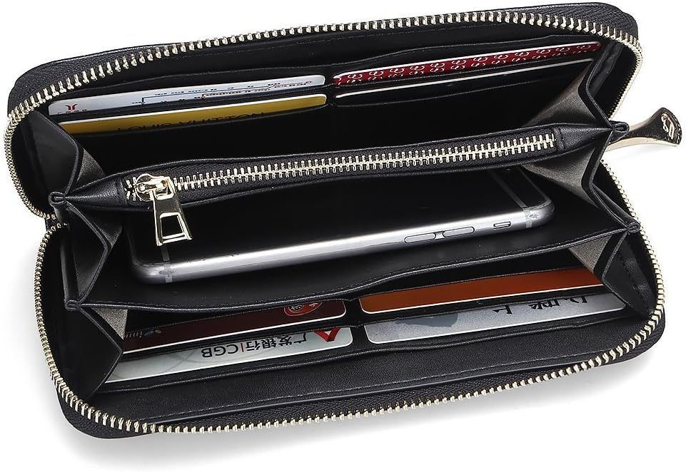 Women's Embossed Zip around Calfskin Leather wallet with RFID Protect Credit Card & ID Card Security (Bronw with Logo) - Image 6