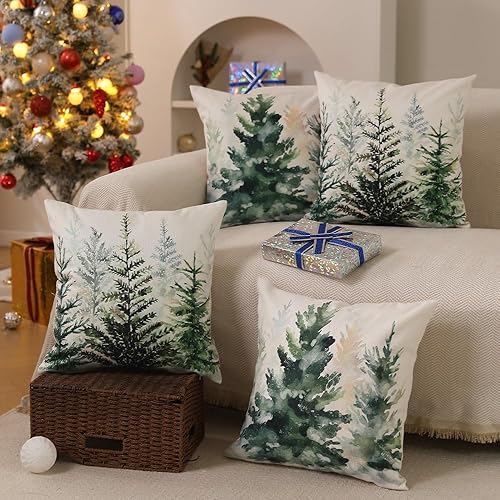 Miniatura 4 de DFXSZ Juego de 2 fundas de almohada de Navidad de 16 x 16 pulgadas, diseño de acuarela azul y verde, árbol de Navidad, estilo rústico, estampado de