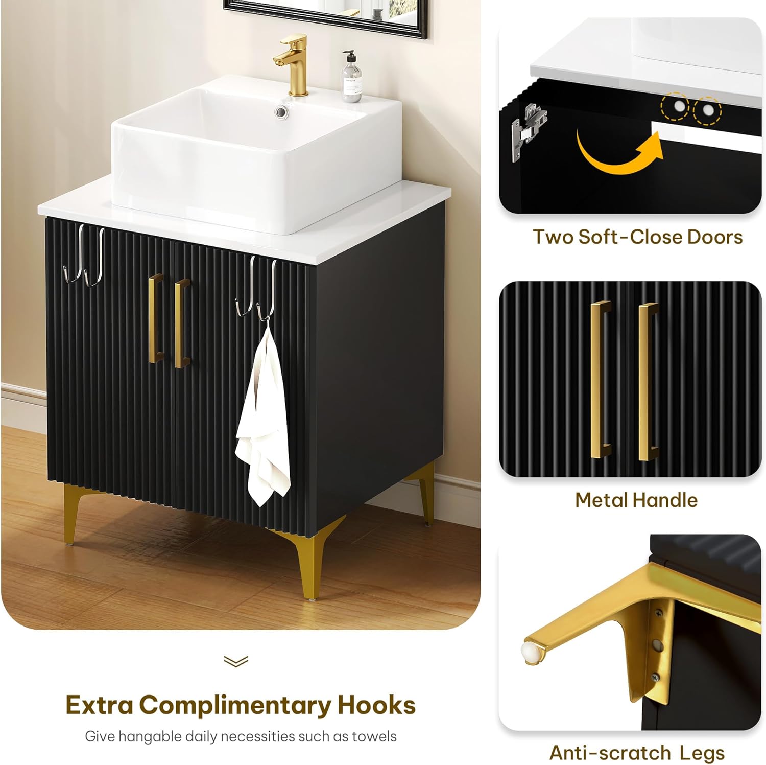 YITAHOME 24 Inch Bathroom Vanity with Vacuum Forming, Freestanding Storage Cabinet Vanity with Engineered White Stone Countertop, 2 Large Soft Closing Doors with Shelf, Gold Handles & Legs, Black