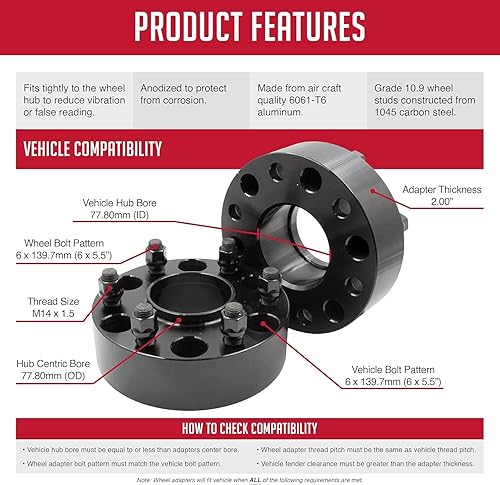 Miniatura 9 de Wheel Accessories Parts 4 adaptadores espaciadores de rueda centrados de 6 x 5.5 6 x 139.7 1.25 pulgadas de grosor M14x1.5 14 x 1.5 roscas para Ram