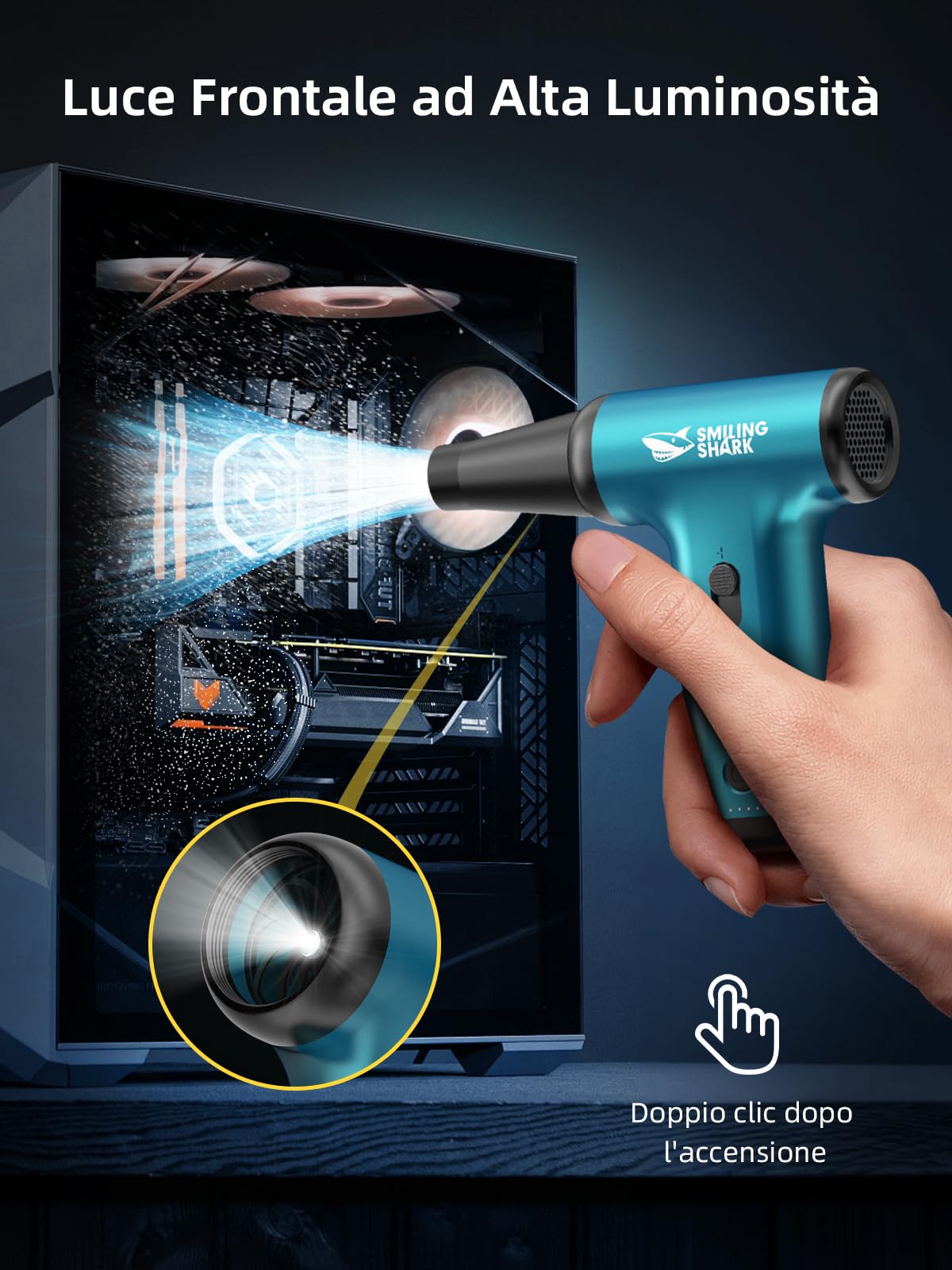Smiling Shark Soffiatore ad Aria Compressa, JF-01 Vitesse Variabile 130000RPM Elettrico Rimuovi Polvere Senza Fili con Luce LED - Air Duster per Kit Pulizia PC/Tastiera/Auto/Divano/Camping, Blu