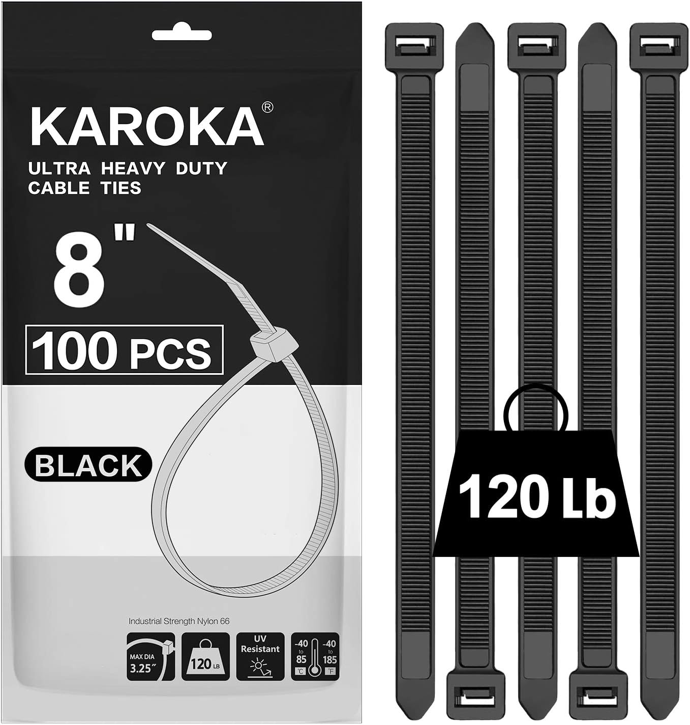 Zip Ties 8 inch Heavy Duty Zip Ties with 120 Pounds Tensile Strength, Black Cable Ties, 100 Pieces,by Karoka (8" 120lb (100 Pack)) Thumbnail