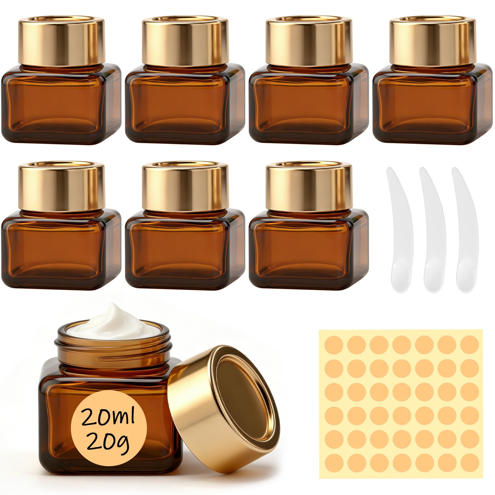 20ml Amber Glass Jars, 8 Pack Empty Cosmetic Jars with Lids & Inner Liners, Small Brown Travel Cosmetic Containers, Mini Square Empty Glass Pots Face Cream, Lotion Storage Jar for Make Up