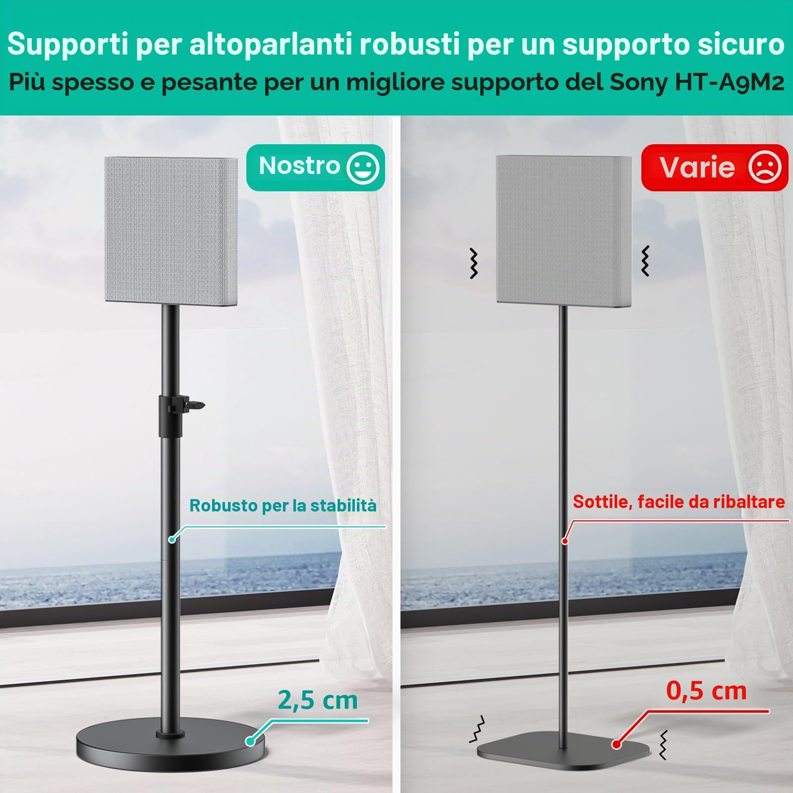 Coppia di supporti per altoparlanti Sony Bravia Theatre Quad HT-A9M2 - Supporto audio surround regolabile in altezza per Sony HT-A9M2 con gestione cavi (solo supporto)