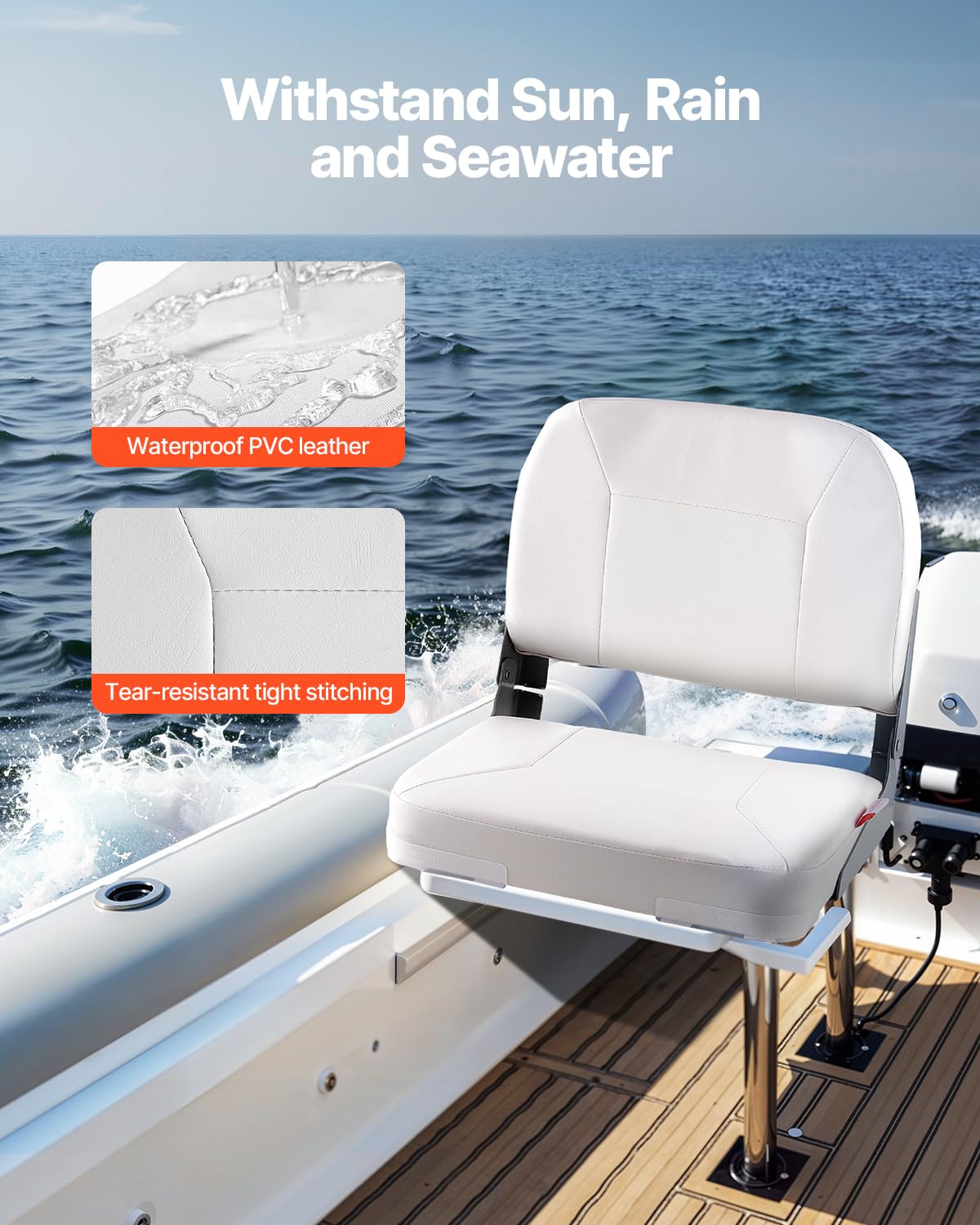 VEVOR Asiento de Barco con Respaldo Bajo Silla de Barco de Pesca Plegable con Cojín de Esponja Espesado y Cuero de PVC Impermeable Asiento de Bote Abatible para Barcos de Pesca, Yates, Blanco