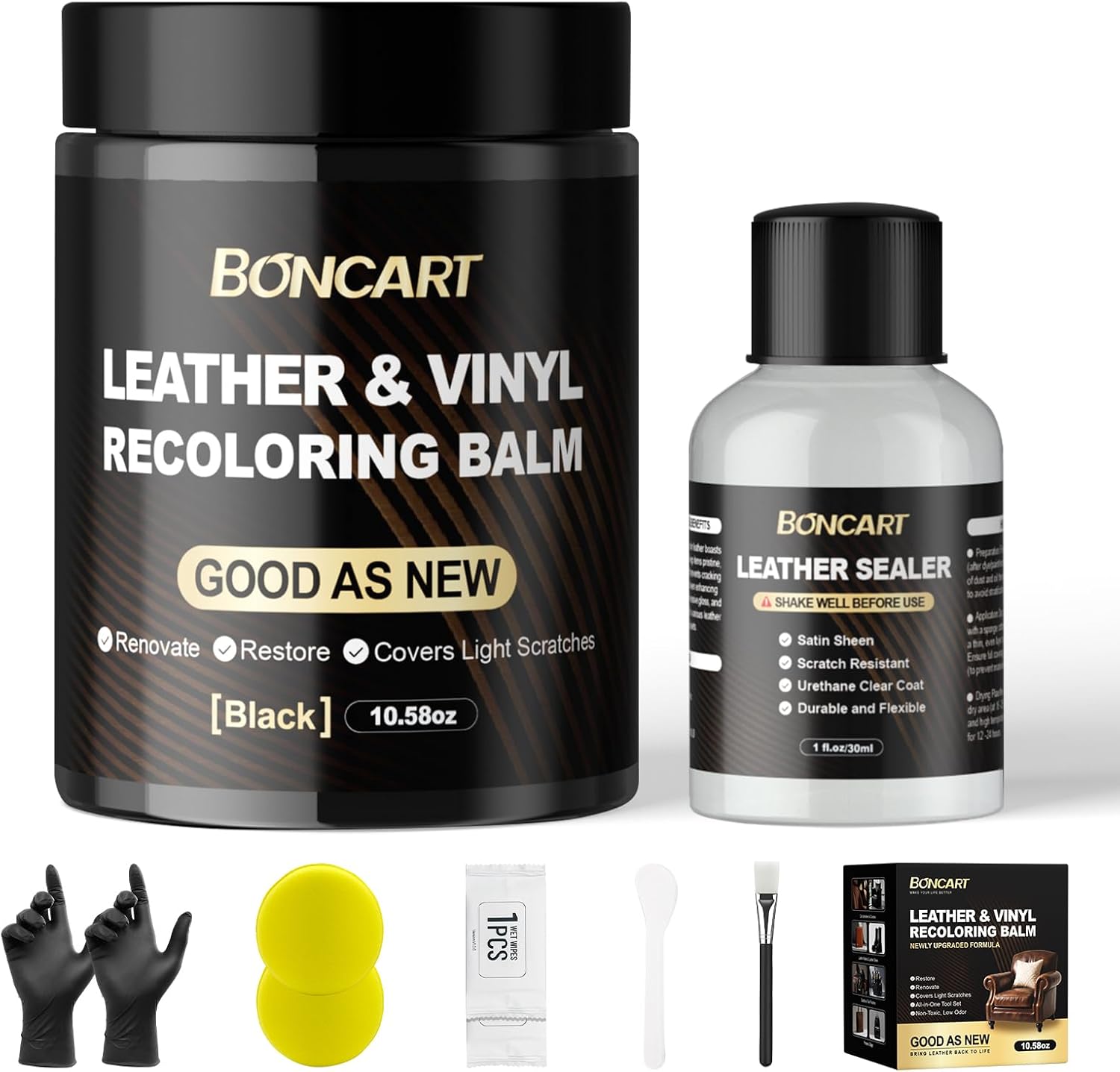Leather Recoloring Balm with Leather Sealer, 10.58oz Leather Color Restorer, Leather Repair Kit for Vinyl Furniture Shoes Car Seats Bags, Black Leather Dye Paint Leather Scratch Repair (Black Color)