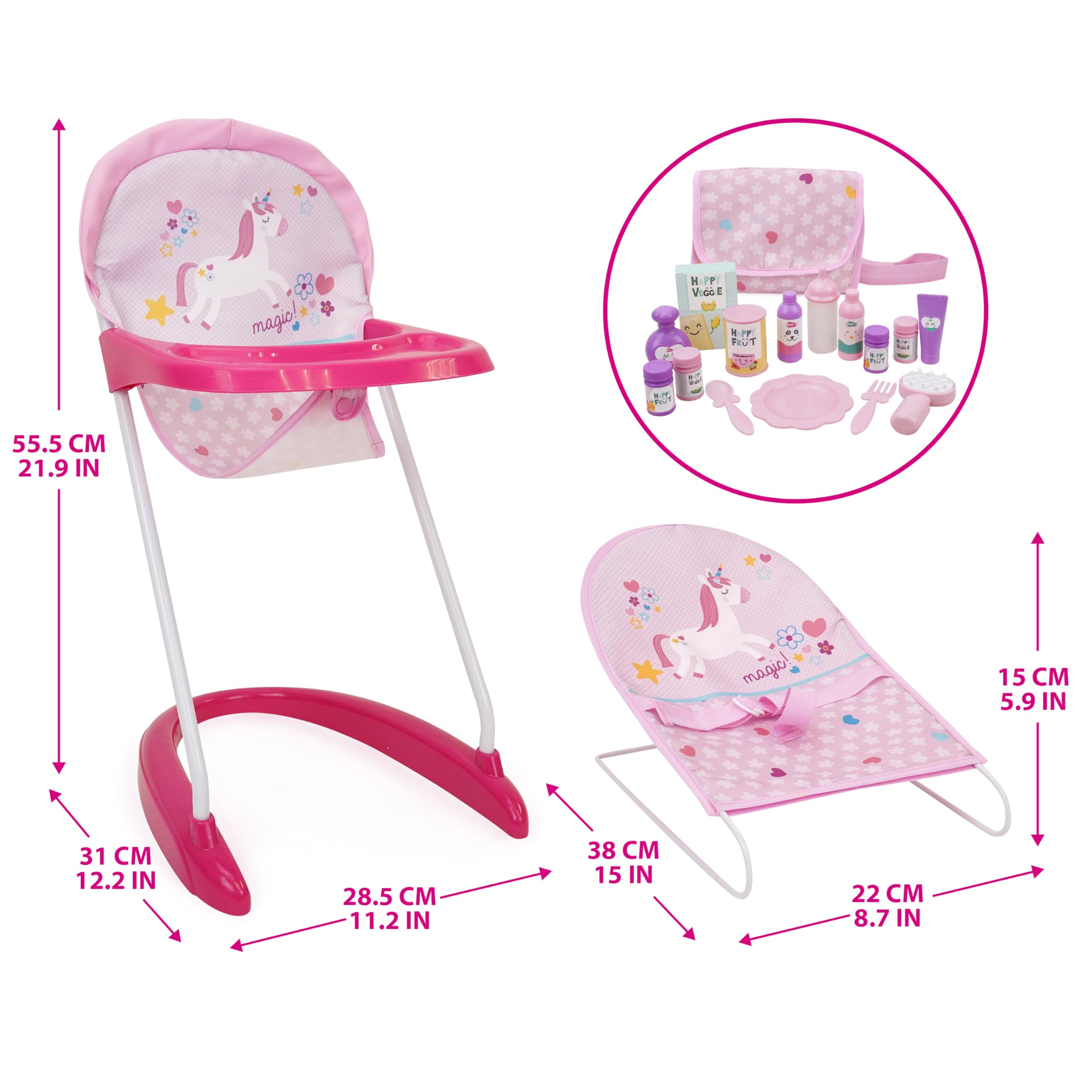 509 Crew Unicorn Pink 21-częściowy zestaw do zabawy i opieki, lalka, lalka, zestaw krzesełek, bouncer, diaper bag, akcesoria do karmienia i pielęgnacji, wiek 3+