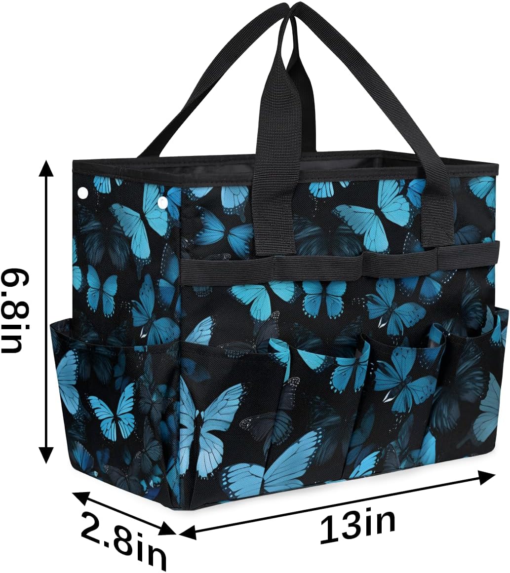 Butterfly Blue Gardening Tool Bag,Heavy Duty Garden Tote Bag,Portable Oxford Gardening Storage Basket Organizer Handbag with Pockets Handle,Hand Tools Gifts for Outdoor Garden Lawn Yard