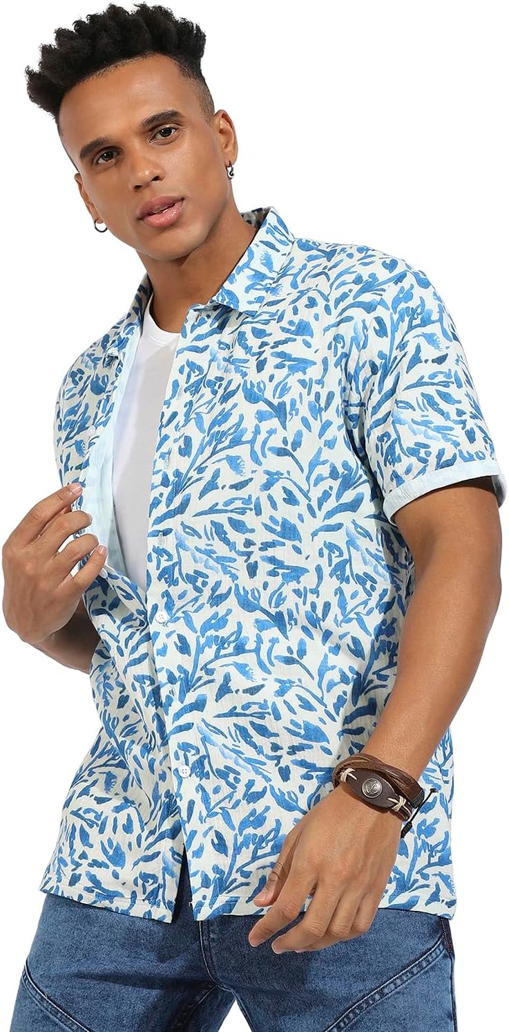 Campus Sutra Men's Cotton Shirt for Casual Wear | Short Sleeve | Spread Collar | Button Closure Regular Fit | Shirts Crafted with Comfort Fit for Everyday Wear