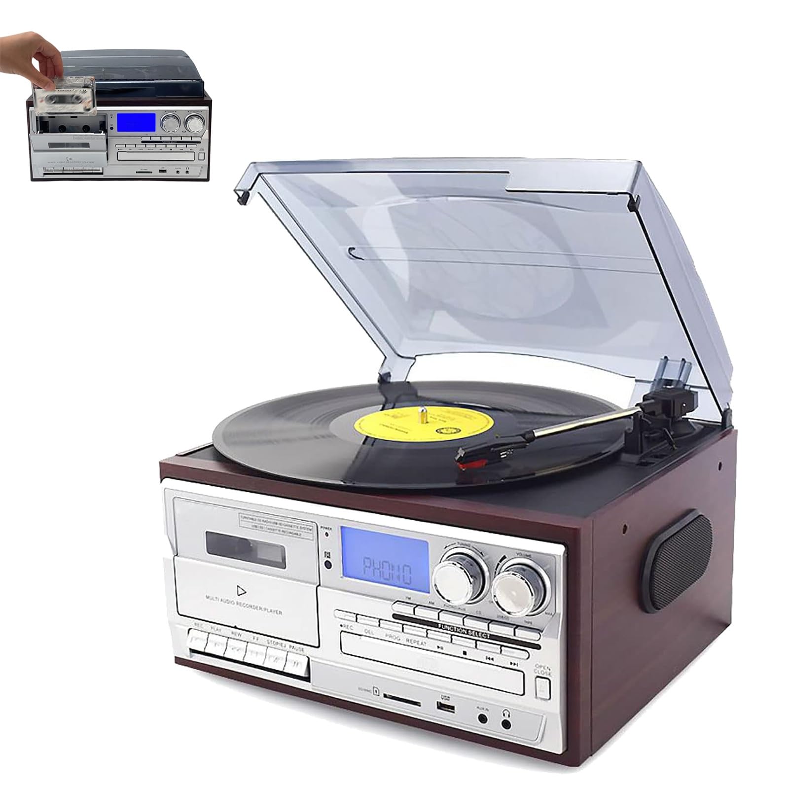 Giradischi multiformato con Bluetooth, CD, cassetta e funzione di digitalizzazione per dischi in vinile
