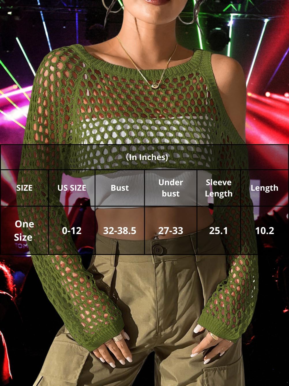 Women's 2000s Crochet Crop Top, Cold Shoulder Fishnet Shrug Sweater for Summer Music Festival Concert (Fits 0-12) - Image 5