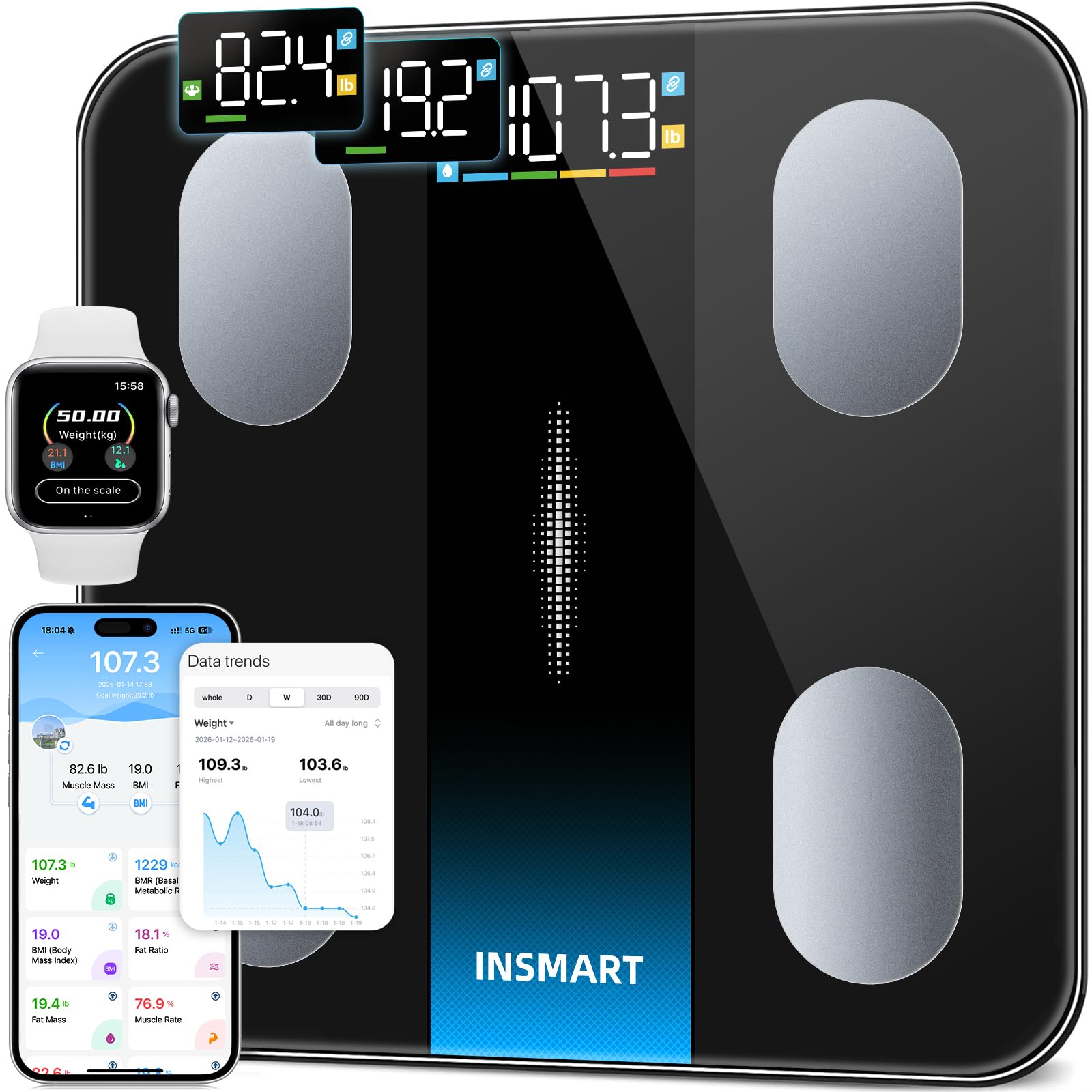 INSMART - Bilancia intelligente per peso corporeo e percentuale di grasso, bilancia accurata Bluetooth con ampio display, 16 pesate composizione corporea, bilancia da bagno sincronizzata con app