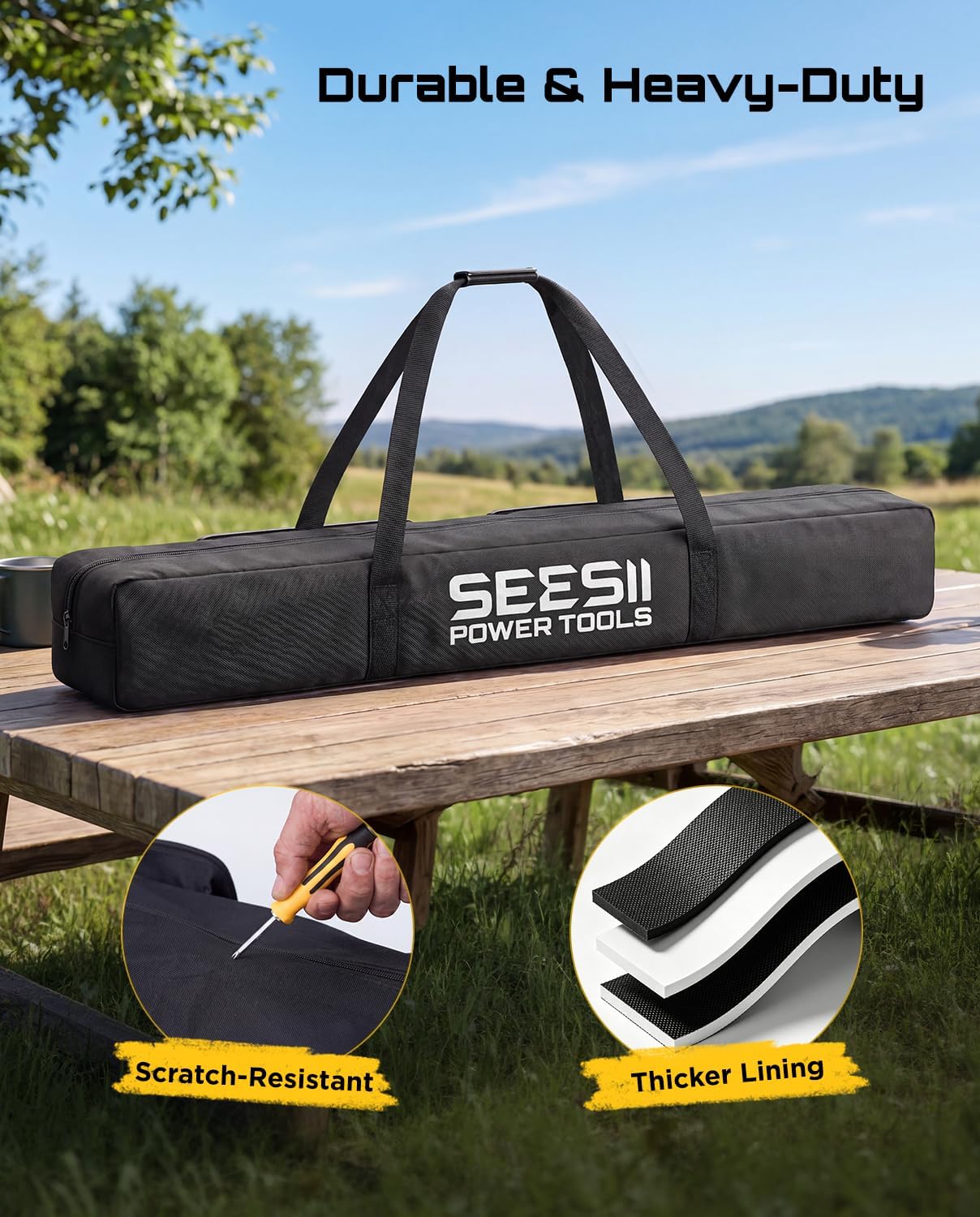 SEESII Universal 55-Inch Pole Tool Storage Bag for Detachable Pole Saws, Pole Hedge Trimmers & Pruners, Fits Collapsed Sections up to 55 in, 600D Water-Resistant Carrying Case, Black