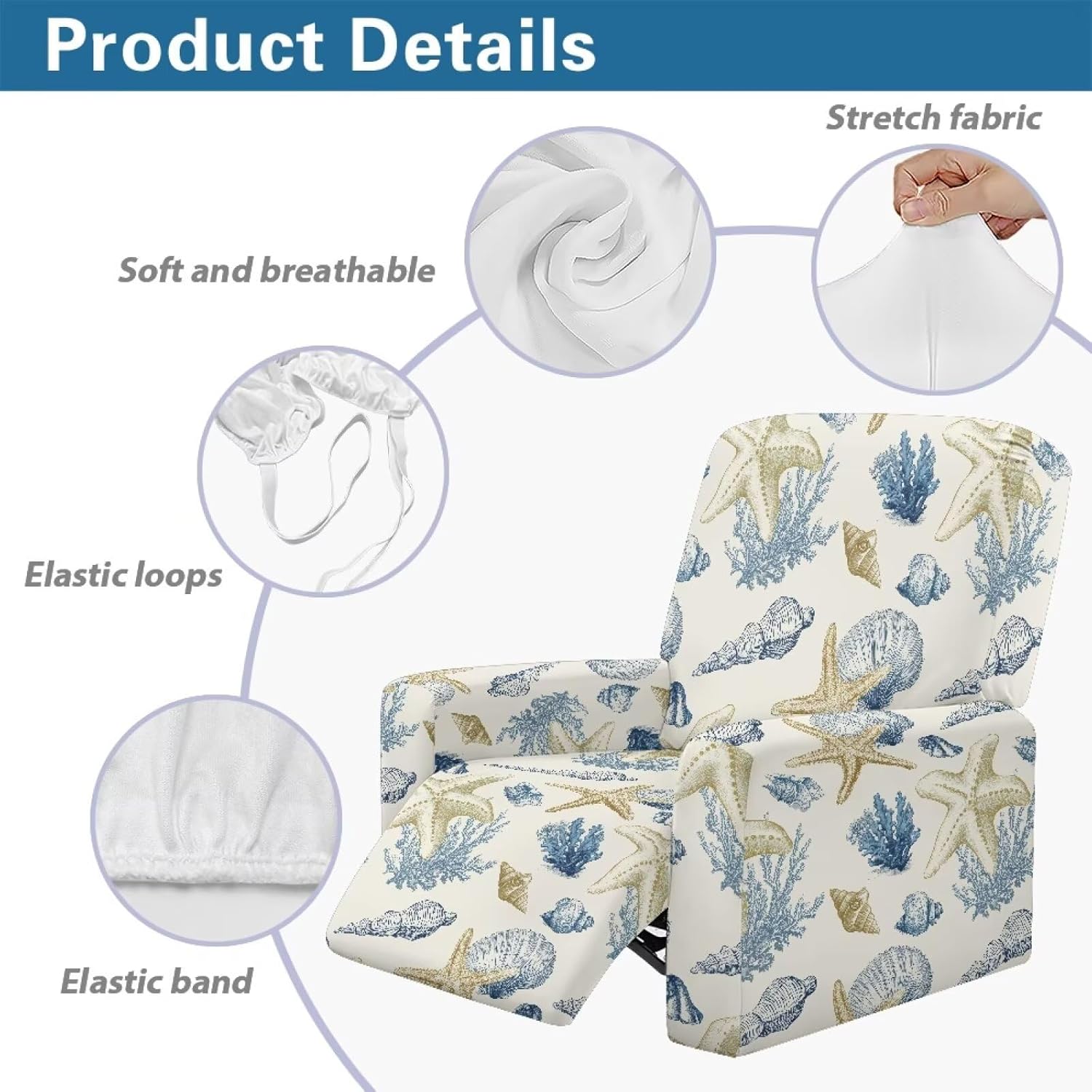 Talayituse Starfish Conch Coral Pattern Recliner Slipcovers with Arms 4 Pieces Lazyboy Recliner Chair Cover Non Slip Recliner Slip Covers for Recliner Chair with Storage Pockets Furniture Protector
