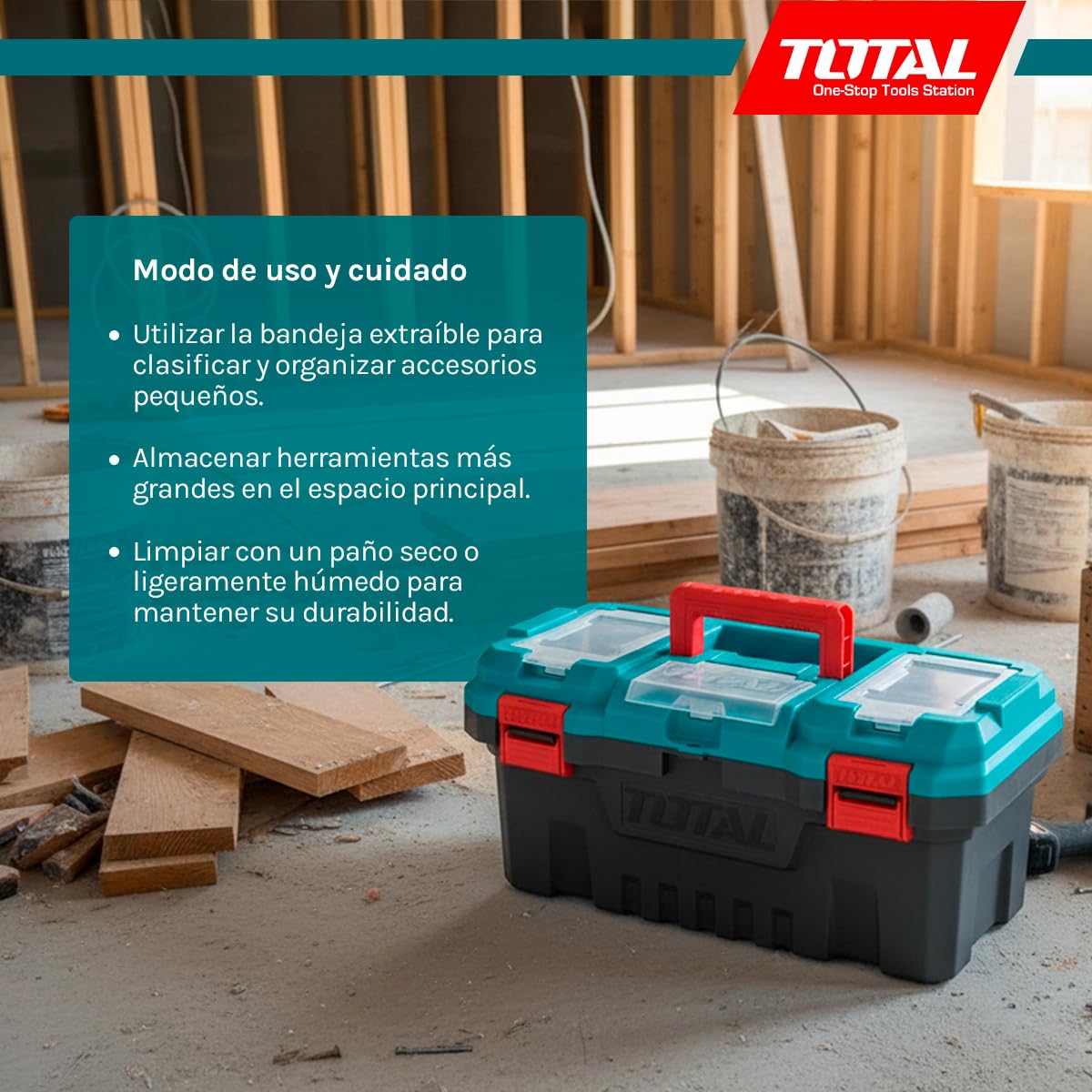 Total - Organizador de Herramientas - Caja de Plástico con Bandeja Extraíble y Tapa Superior - 3 Áreas de Almacenamiento y Función Escala - Asa y Cierres Resistentes - Medidas 508x296x261mm