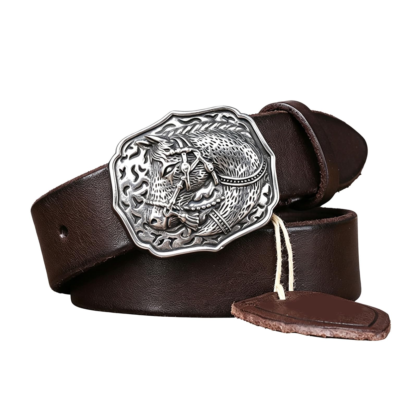 Cinturón Occidental Mujeres Hombre, Cinturón De Piel De Vacuno,Cinturón Casual Mujere, Cinturón De Cuero Vaquero con Hebilla Grabada Vintage para Pantalones Vaqueros,Marrón,115CM/45.3''