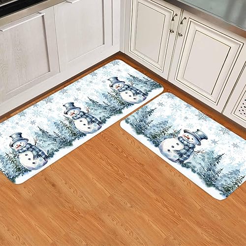 Juego de 2 tapetes de cocina de Navidad con diseño de muñeco de nieve azul, antideslizantes, para entrada, árbol de Navidad, copo de nieve,