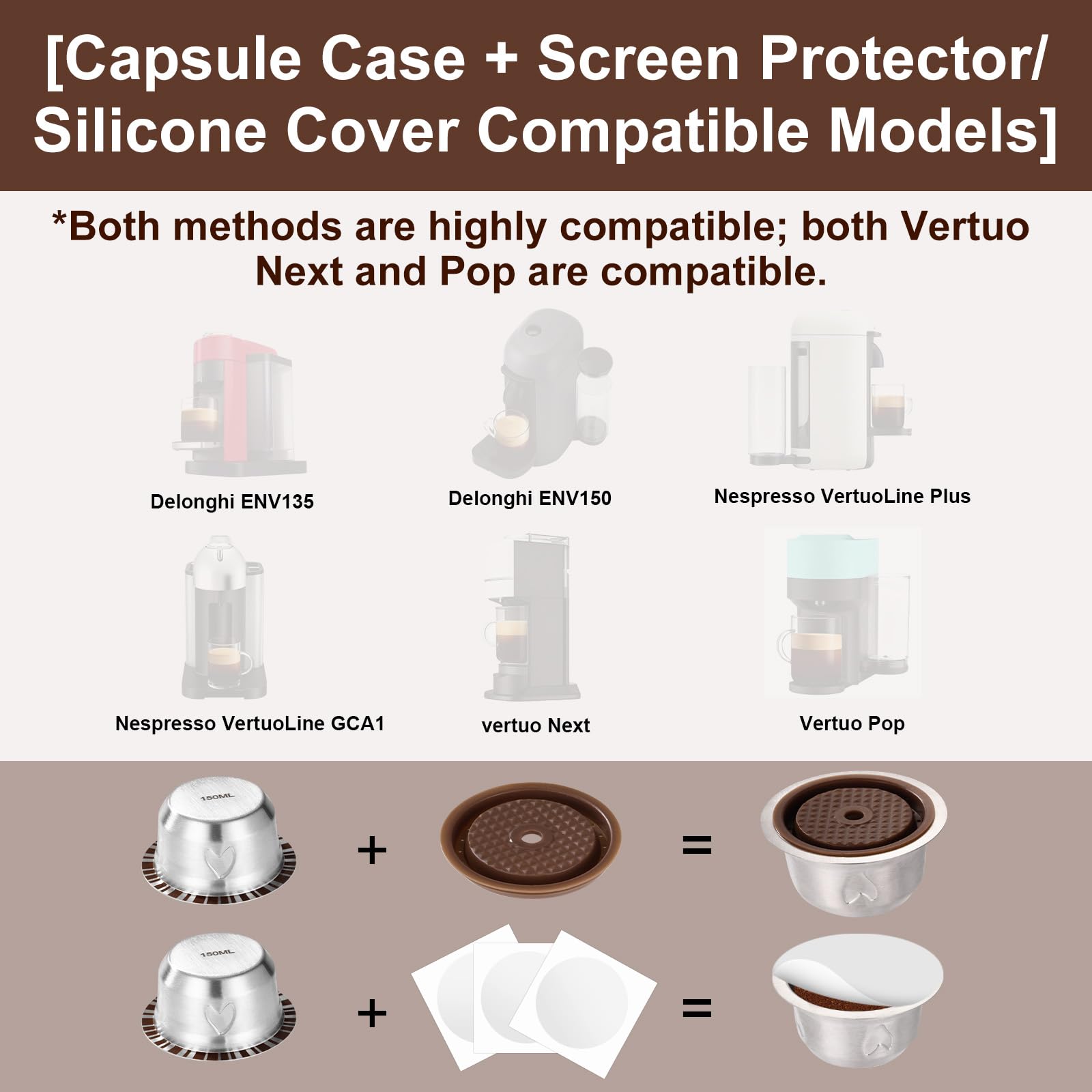 XIHIRCD Capsule Caffè Riutilizzabili Set per Vertuo, Acciaio Inossidabile 150ml Ricaricabili Accessori Capsule Caffe con Coperchio Cucchiaio Pennello Compatibili con Delonghi ENV135 ENV150
