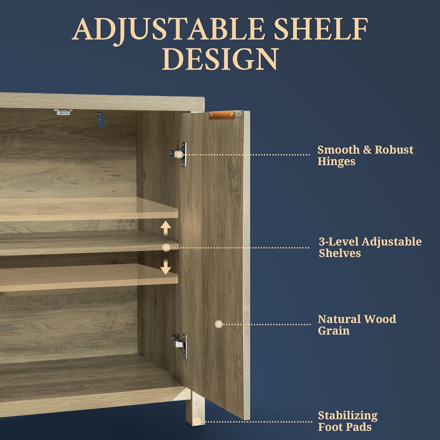 Sunwashed Ash Oak Adjustable Ladder Shelf with Fluted Doors