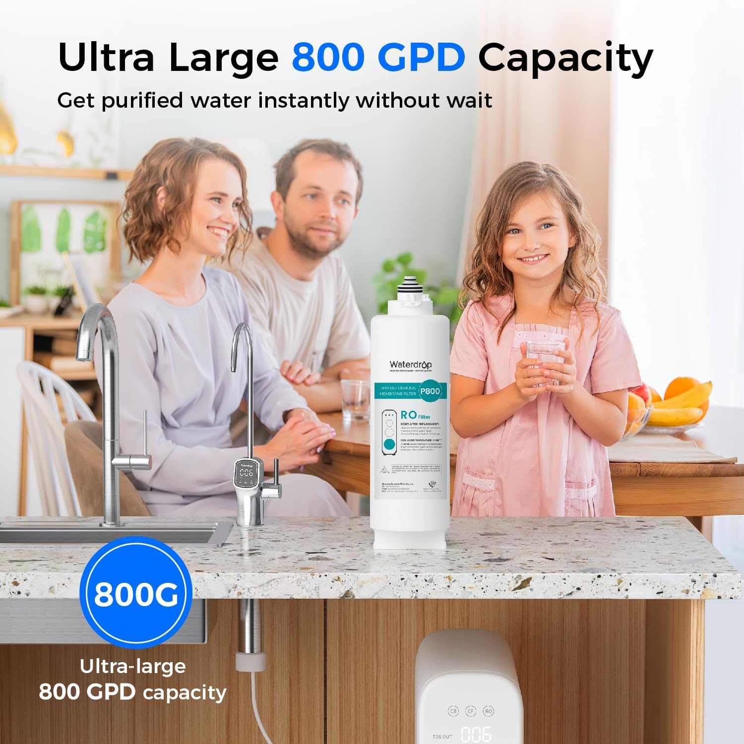 Waterdrop WD-G3P800-N2RO Filtro, Ricambio per il Sistema Aosmosi Inversa Senza Serbatoio WD-G3P800-W, Ridurre PFAS, Durata di 2 Anni