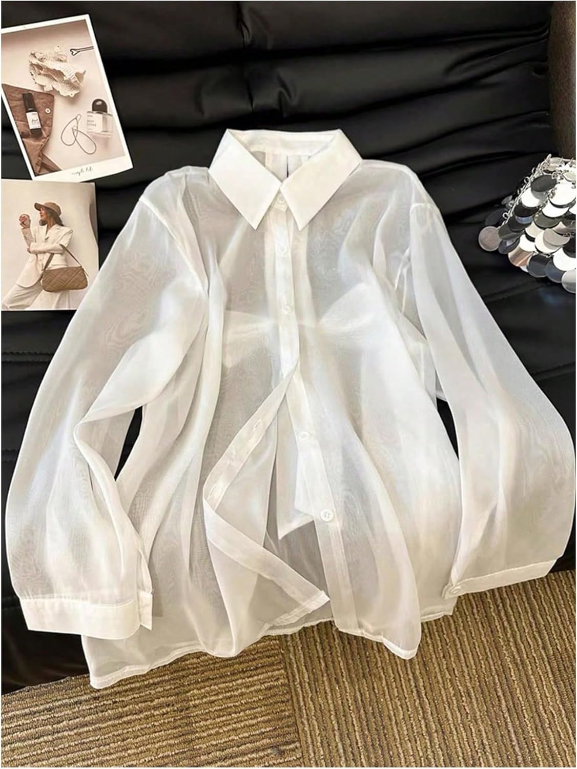 GORGLITTER Women's Plus Size Chiffon Long Sleeve Tops Blouse Dressy Casual Bow Collared Shirt Sheer Button Up Fall Top - Image 2