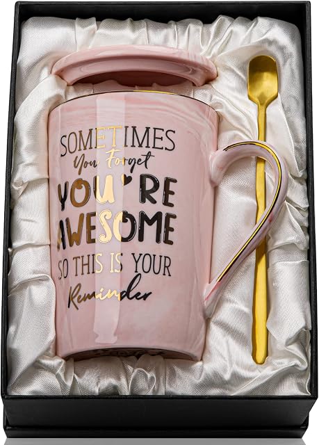 Thank You Cadeaux pour les femmes, parfois vous oubliez que vous êtes une tasse géniale, Anniversaire Inspirant Cadeau jour de Noël pour maman femme sœur amie, 14oz Grande tasse de café rose imprimée avec de l'or, joli cadeau en boîte
