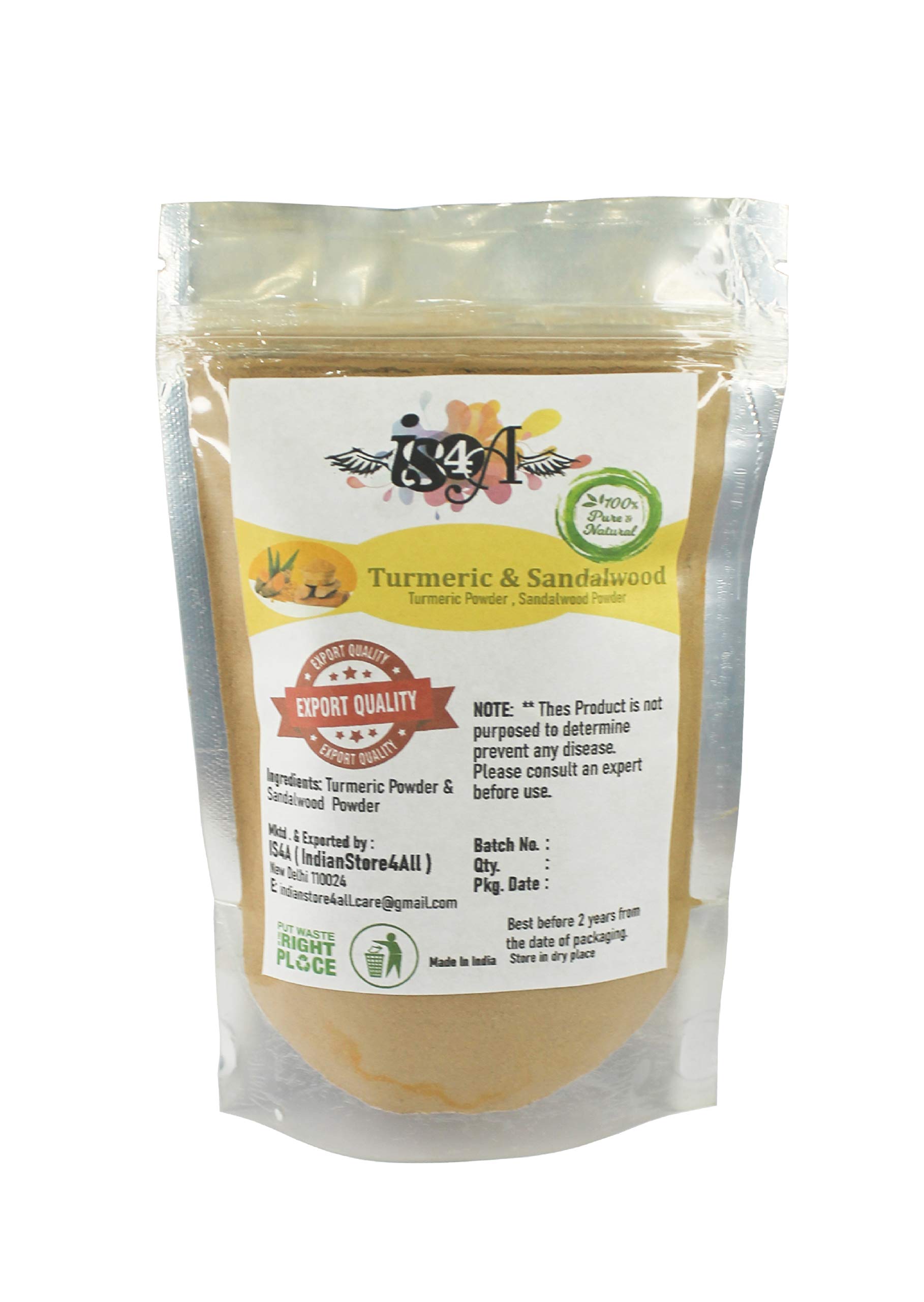 IS4A Pure No Added Fragrance Fullers (Fuller) Earth Powder Multani Mud Mitti Indian Healing Clay Bentonite Clay Face Mask Powder w/Sandalwood (Turmeric & Sandalwood, 100 Grams)