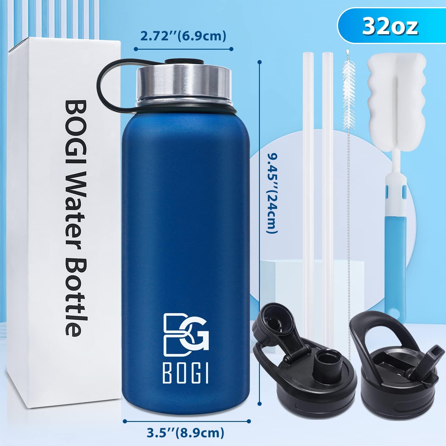 BOGI Insulated Water Bottle 32 oz, Double Wall Vacuum Stainless Steel Water Bottle with Straw and 3 Lids, Sweat-Proof Wide Mouth Metal Water Bottle Keeps Hot or Cold for Sports Gym Office (Dark blue) - Image 2