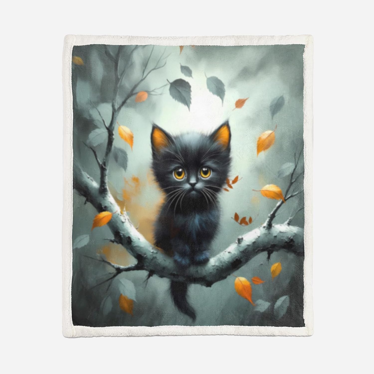 AILONEN Cute Black Cat Sherpa Fleece Throw Blanket,Kawaii Animal Print Sherpa Blanket for Kids Teen Girls Boys,Tree Branch Leaf Cozy and Lightweight Blanket for Bed Sofa, 78 x 59 Inches