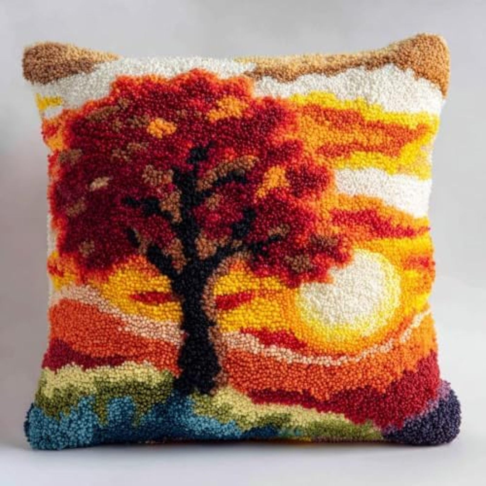 kitphoenix DIY Latch Hook Cushion Kit Oak Tree and Sunset,Beginner-Friendly Rug Hooking Pillow Kit,Crochet Craft Cushion Cover for Home Decor,43x43 cm-3