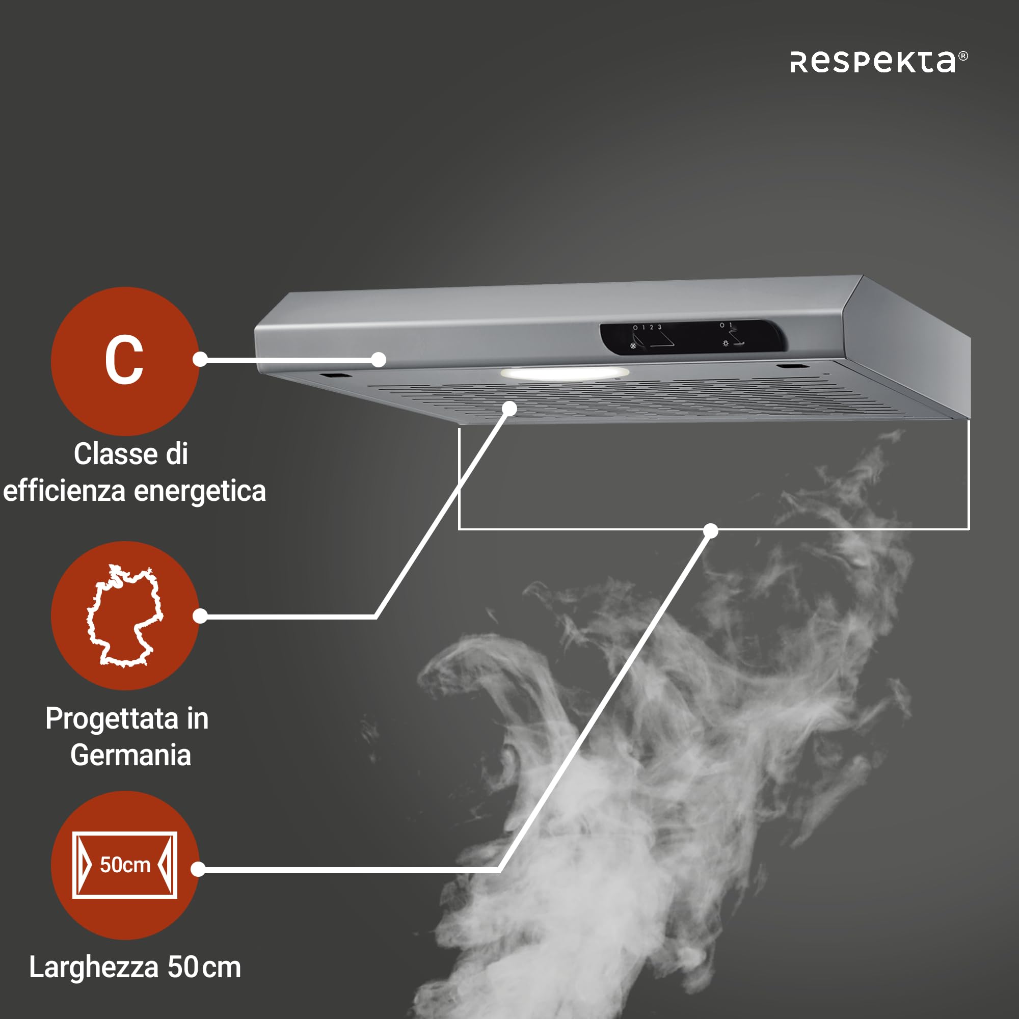 Respekta Cappa aspirante da incasso/cappa aspirante da incasso 50 cm/struttura in metallo con effetto acciaio inox/funzione di espulsione e ricircolo dell'aria / DH540IXL / C / 52 – 68 dB