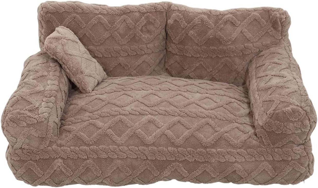 Dog Couch Plush Calming Pet Sofa Bed, Raised Rim, Removable Cover & Non-Slip Bottom, Soft Washable CatBed for Small Medium Dogs and Indoor Cats (Khaki#S)