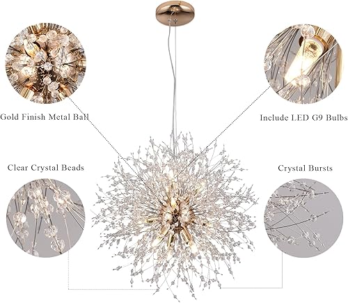 Miniatura 4 de Sputnik - Candelabros de cristal dorado de 9 luces, moderna luz colgante de diente de león, lámpara redonda pequeña, luces colgantes con cuentas