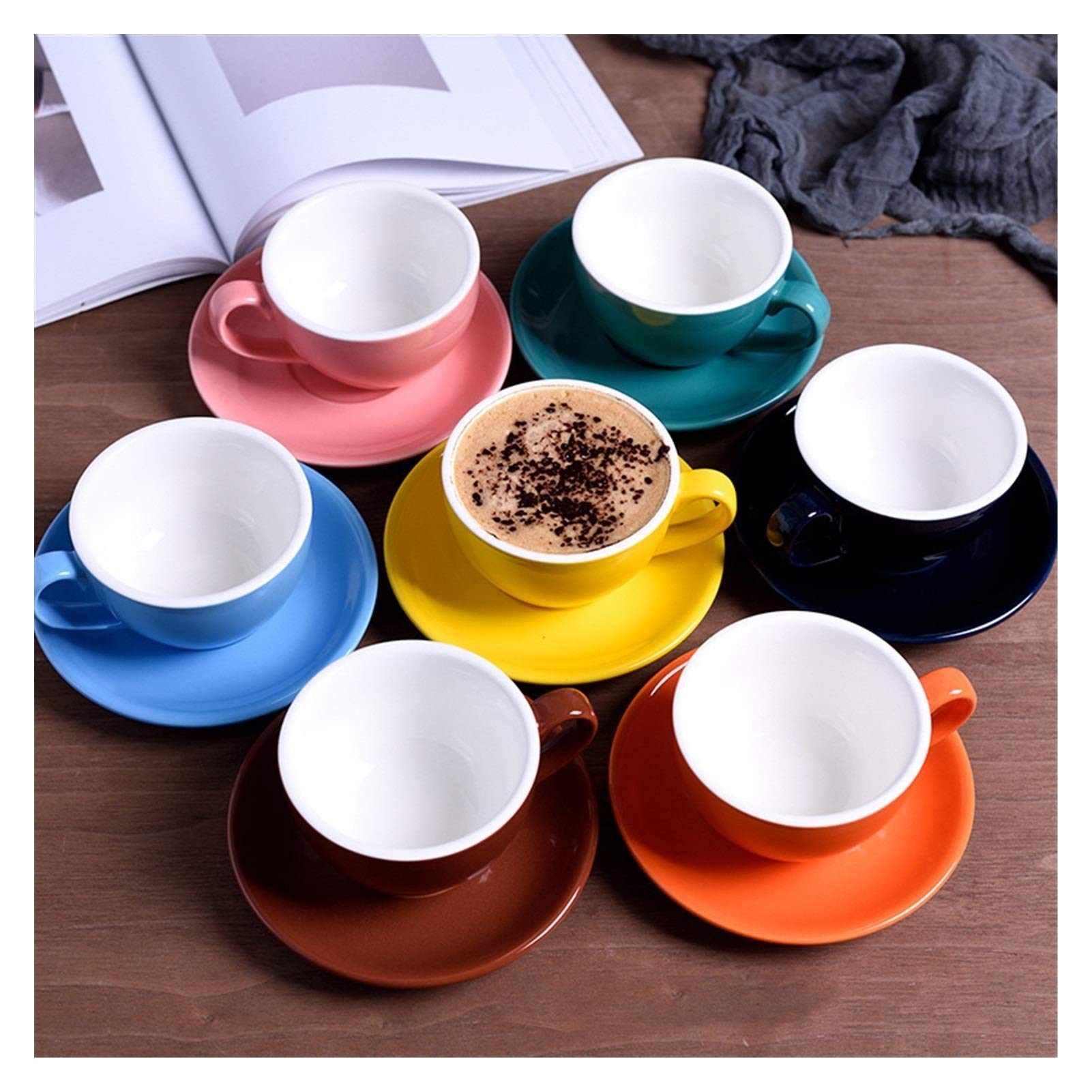 Duże ceramiczne kubki do kawy, Ceramiczny zestaw filiżanek i spodków do kawy herbaty, cappuccino, latte, wielokolorowy, 220 ml(G304855)