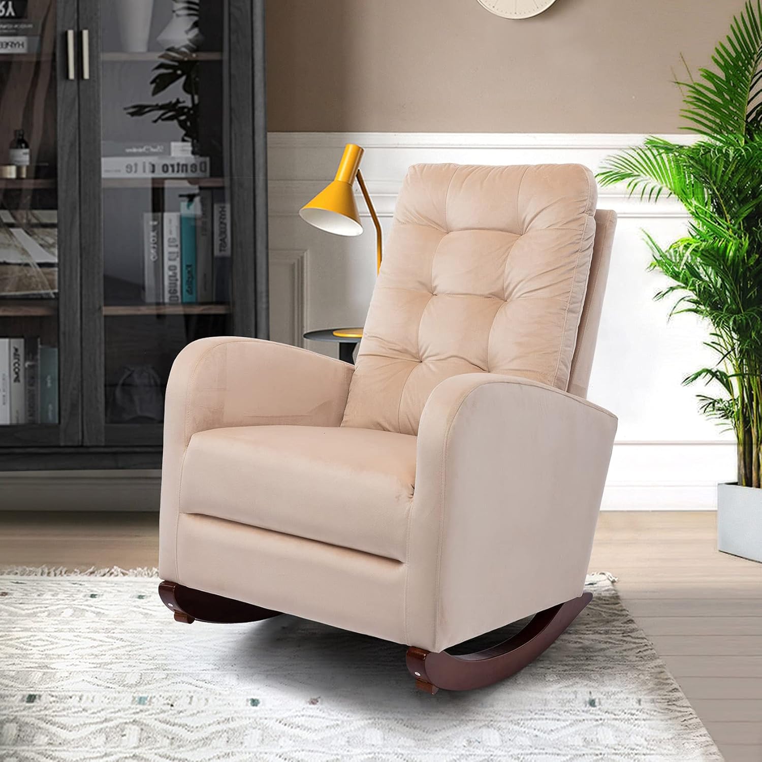 Upholstered Rocking Chair Glider Chair with Wheels and Arms Solid Wood Base Comfortable Living Room Rocker Lounge (Beige + Upholstered)