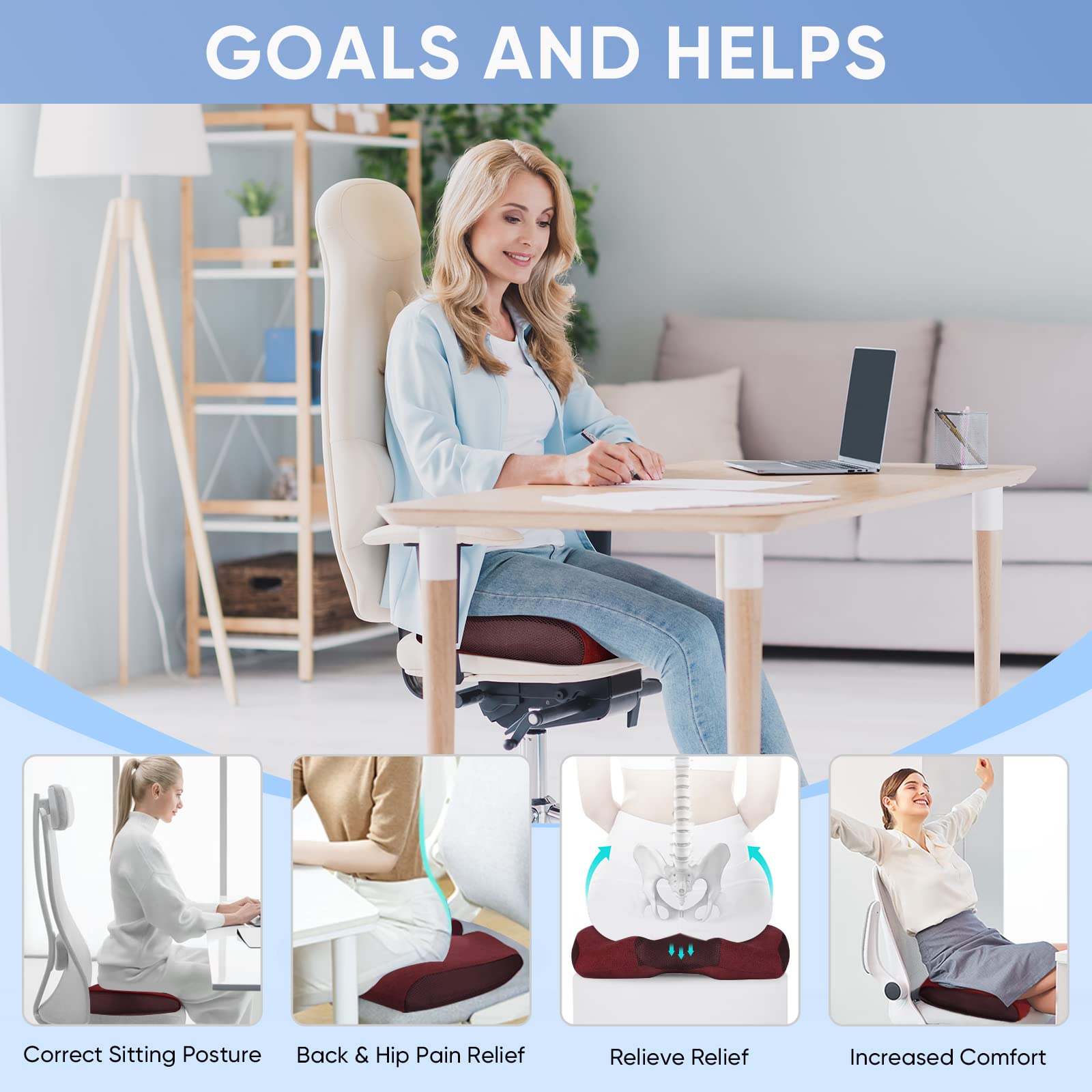 TICONN Memory Foam Seat Cushion, Office Chair Cushion Pillow for Long Sitting (Red)