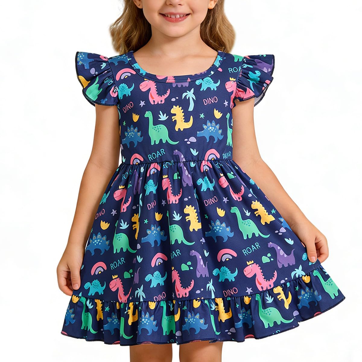 Vestido de dinosaurio para niña pequeña, manga con vuelo, lindo atuendo de verano para bebé niña, vestido casual con volantes