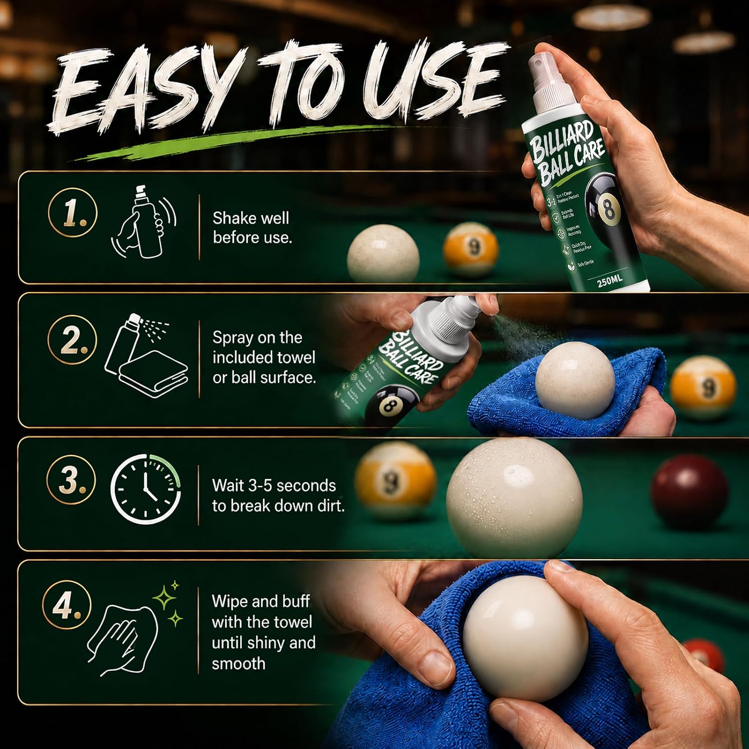Pool Ball Cleaner Spray with Microfiber Towel Improve Accuracy, 8.45 OZ