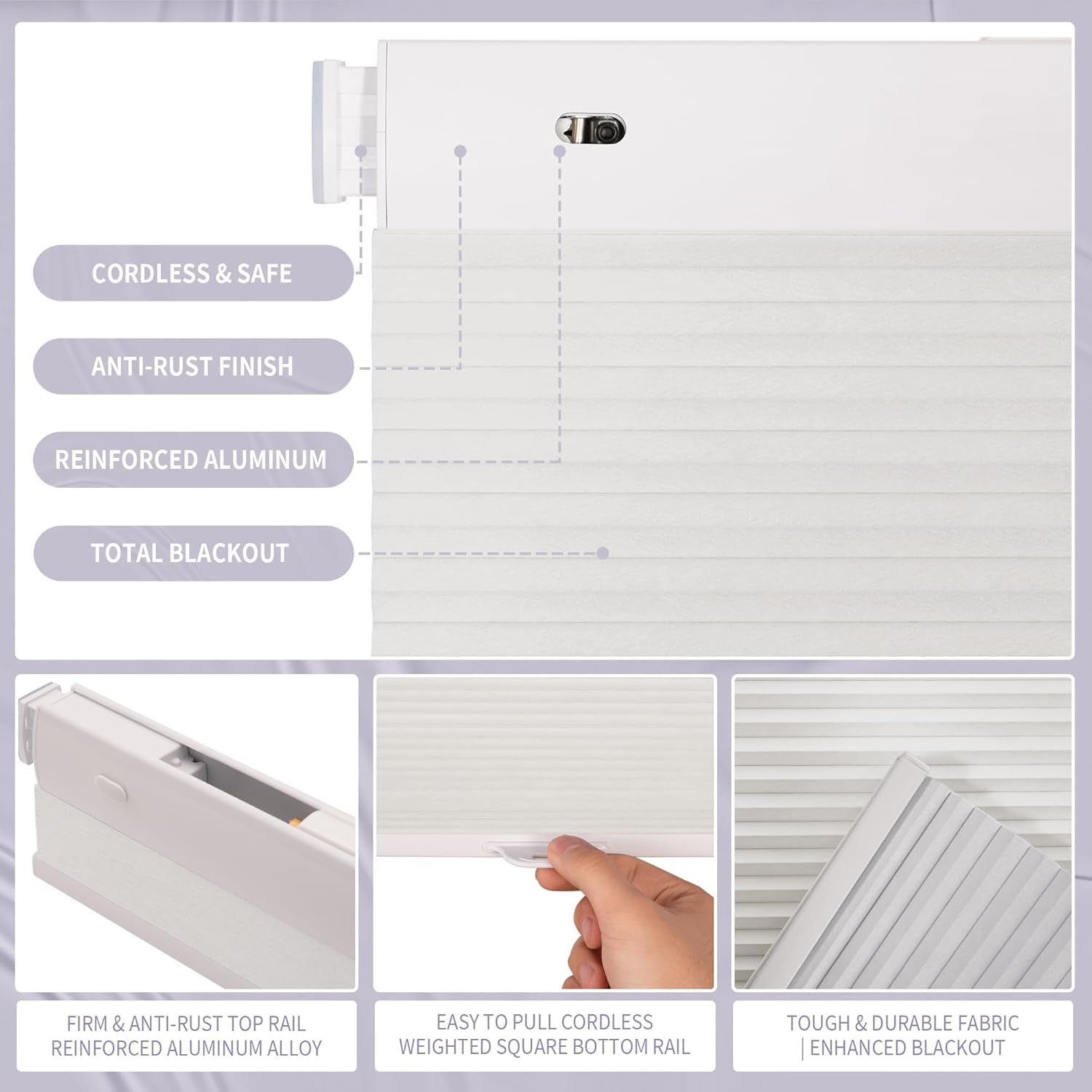 Cordless No Drill Blackout Honeycomb Shades - Thermal Insulation, UV Protection, Privacy, Room Darkening, White 34.5" W X 70" H