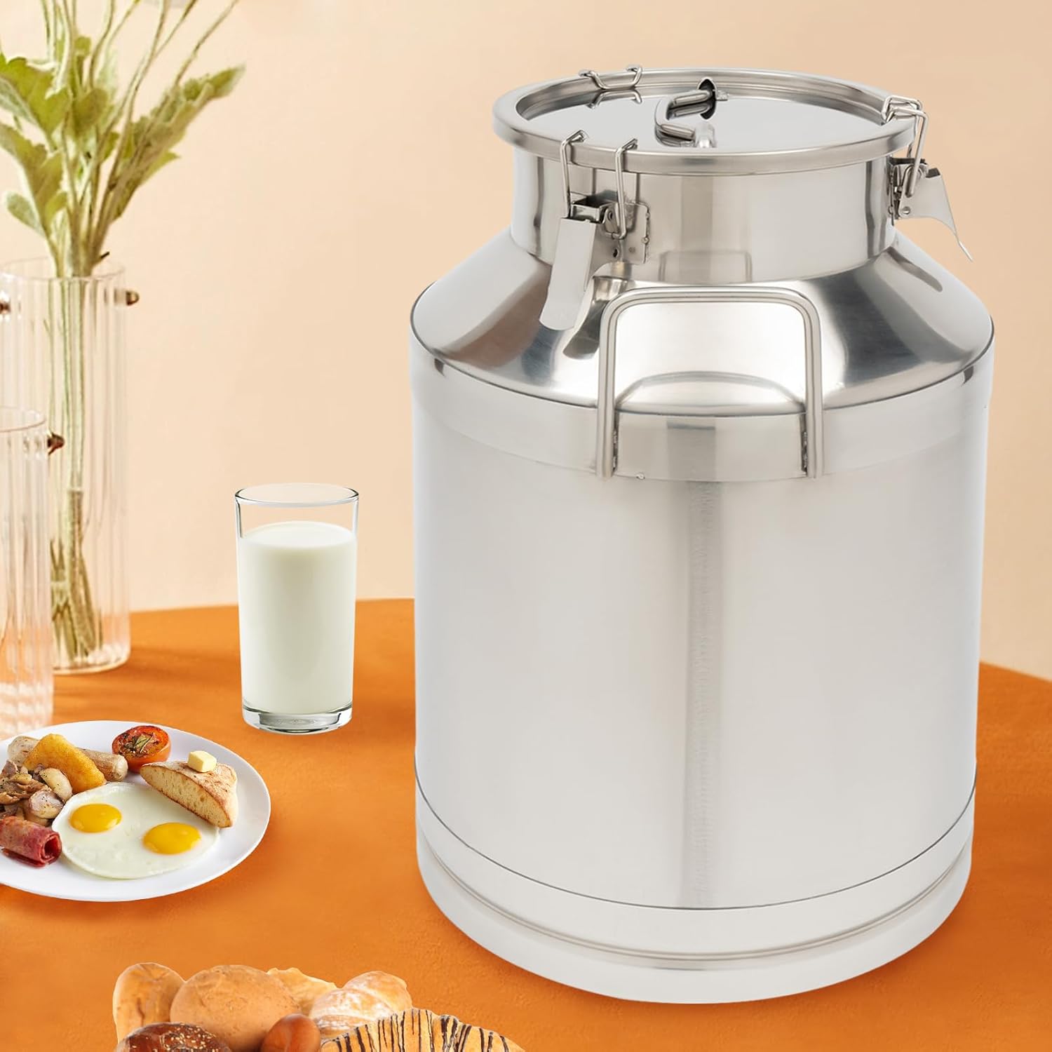 Milk Can Stainless Steel Milk Transport Cans Wine Pail Bucket Tote Jug Pot Oil Liquid Storage Barrel with 2 Handles, Heavy Duty Milk Bucket with Sealed Lid & Silicone Seals (50L/13.25Gal)