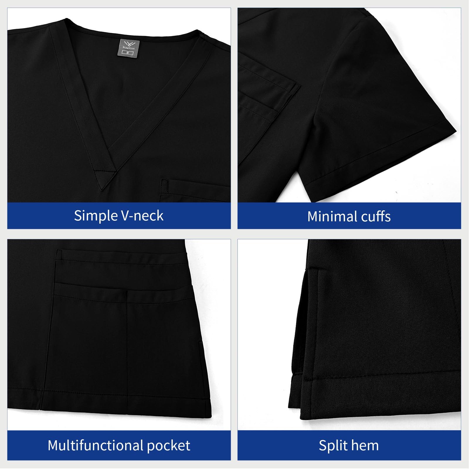 niaahinn Scrubs for Women Set - Stretch Top & Cargo Pants with Multi Pocket for Nurse (Black,S)
