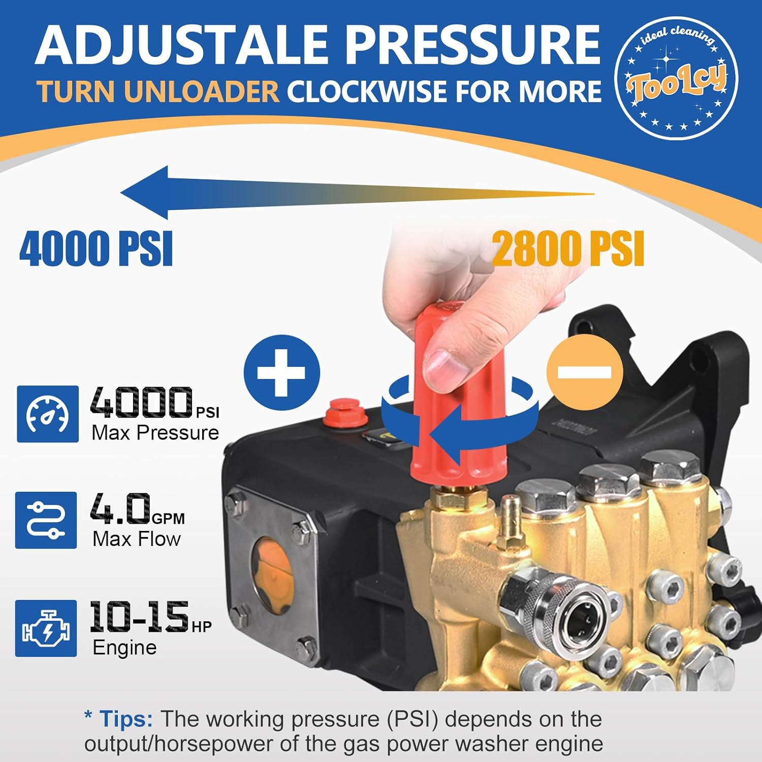 TOOLCY Pressure Washer Pump 3600-4000 PSI Max, Replacement Pump 4 GPM, Triplex Plunger, Horizontal 1" Shaft Gas Power Washer Pump with Pressure Adjustment Unloader & Chemical Injection, Direct Drive