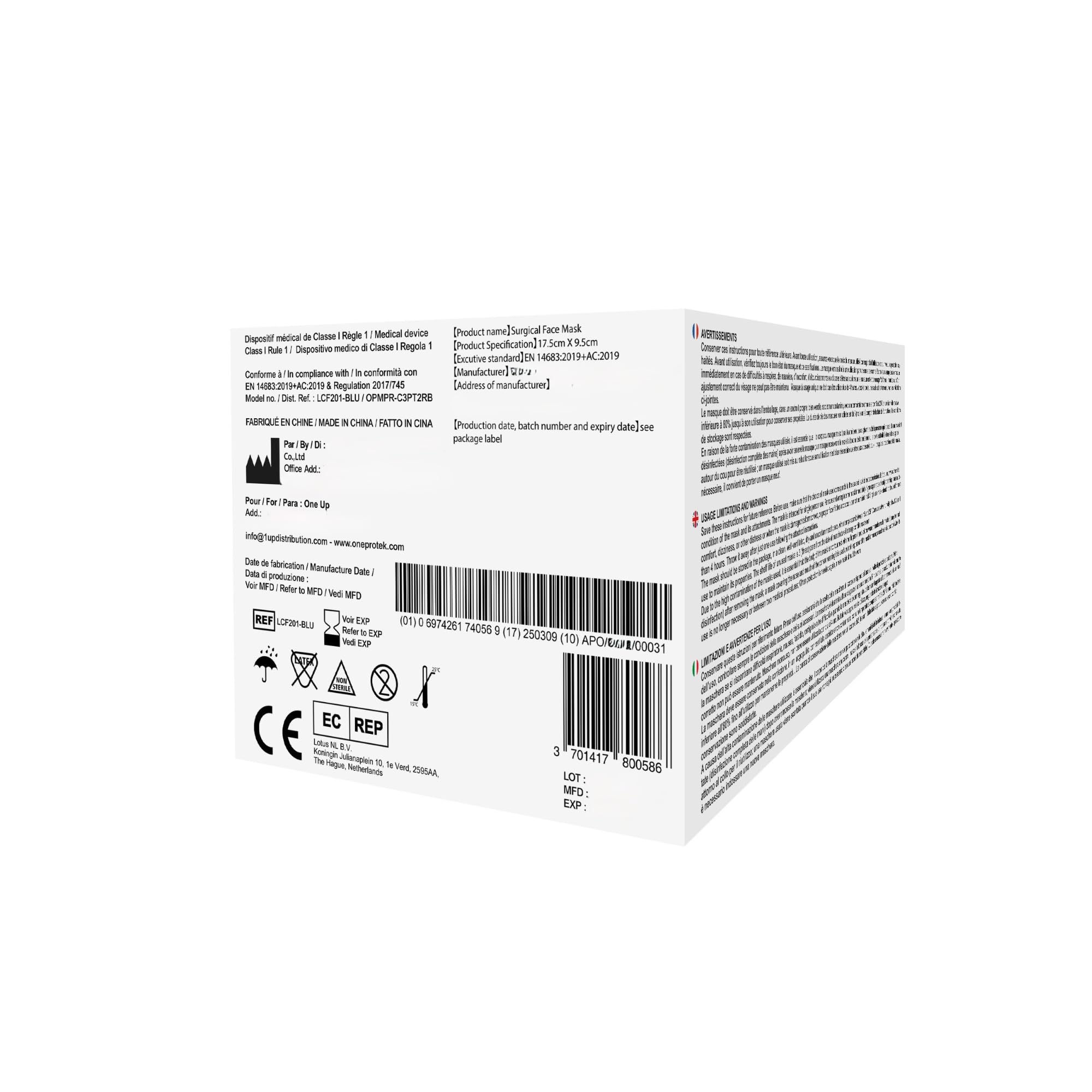 Lot x2000 Masque chirurgical jetable OneProtek - 3 Couches Type 2R IIR Médical - Certifiés CE EN14683 - Confortables et élastiques résistants - 40 boîtes de 50 Masques