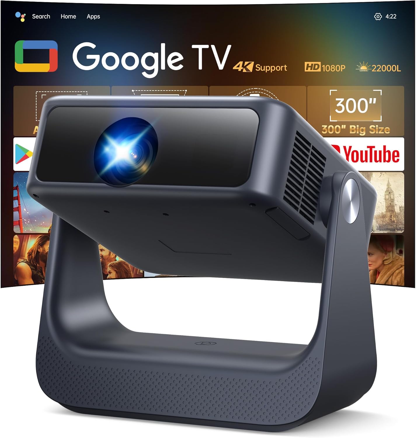 【Buit-in Google TV & Voice Control】Smart Projector with WiFi 6 and Bluetooth, 4K Support Movie Outdoor Projectors Compatible with Netflix/Prime Video/YouTube, Auto Focus Home Proyector 180°Stand