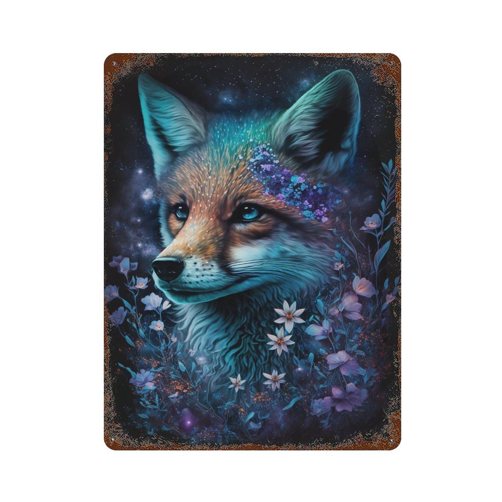 Enchanted Fox with Flowers Aged Metal Wall Plaque 15.7"x11.8", for Pub, Kitchen And Man Cave Decor, Decorative Metal Wall Art