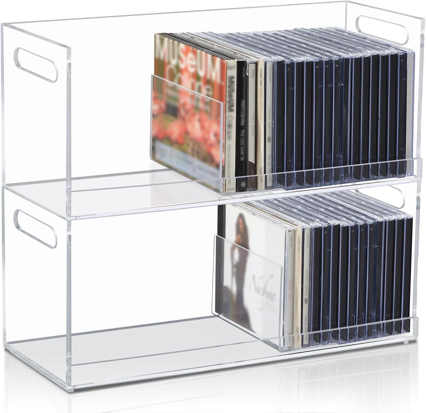 2 Pcs Acrylic Cd Storage Box, Clear Acrylic Stackable Cd Holder Racks with Cutout Carrying Handles, Organizer Shelf for Media, Movie Cases, Dvds Organizer