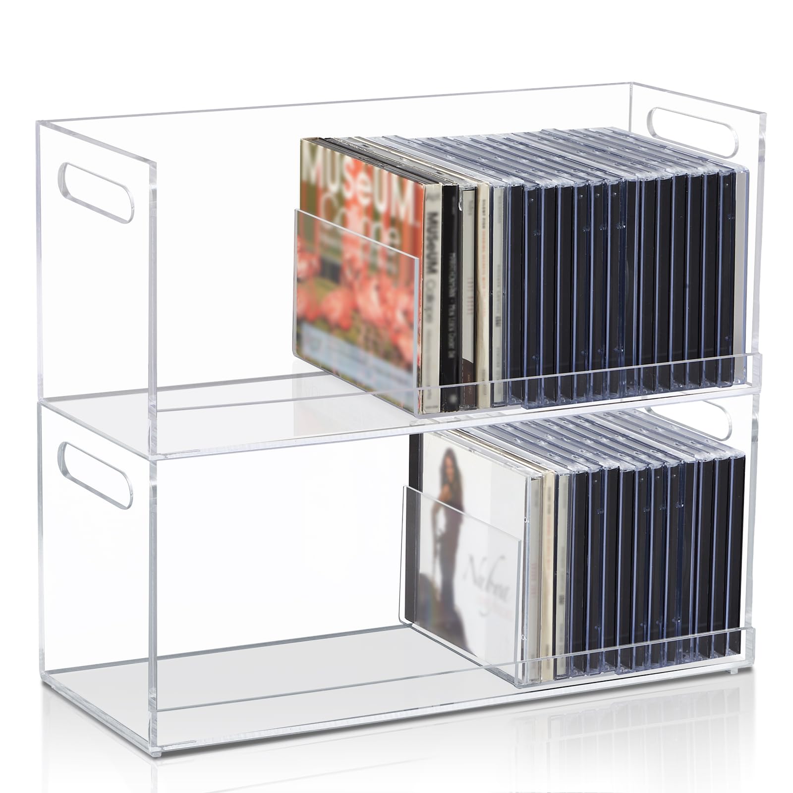 CroBlissful 2 Pcs Acrylic Cd Storage Box, Clear Acrylic Stackable Cd Holder Racks with Cutout Carrying Handles, Organizer Shelf for Media, Movie Cases, Dvds Organizer-image-35