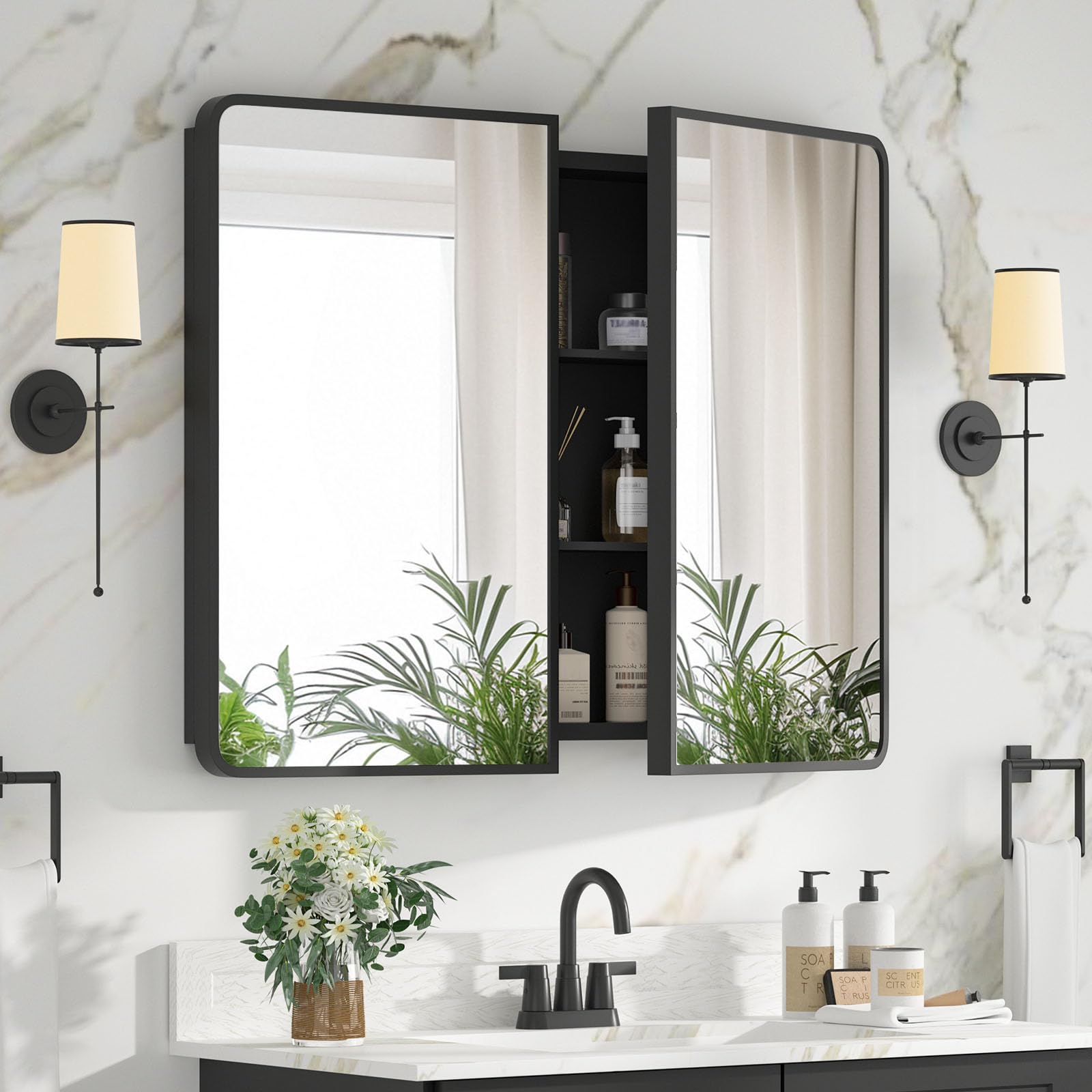 YTSMIR Bathroom Medicine Cabinet with Mirror 24 x 30 Inch, Black Medicine Cabinet Recessed or Surface Wall-Mounted, Mirrored Cabinets with Sturdy