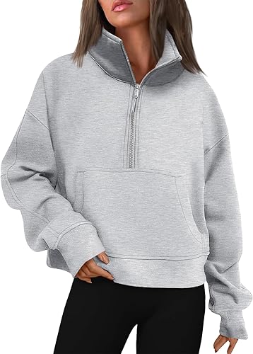 Miniatura 6 de Sudadera corta con media cremallera para mujer, manga larga, forro polar, con cremallera de un cuarto, cuello alto, hombros caídos